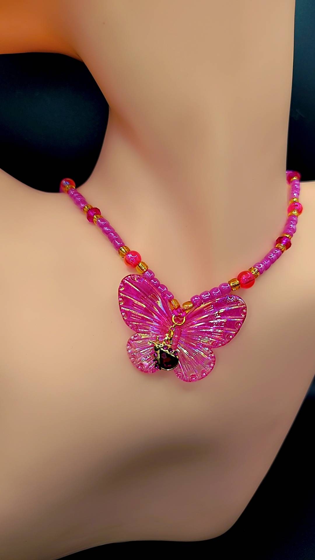 Rosy Flutter Beetle Necklace 🦋💗🐞