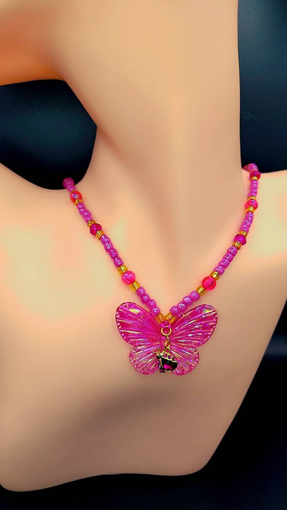Rosy Flutter Beetle Necklace 🦋💗🐞