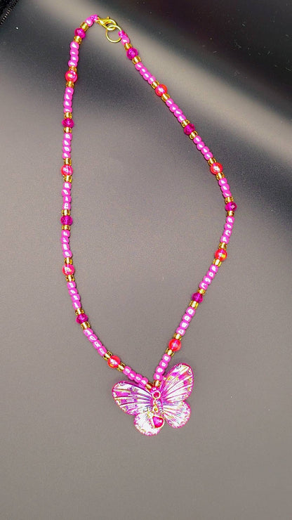 Rosy Flutter Beetle Necklace 🦋💗🐞