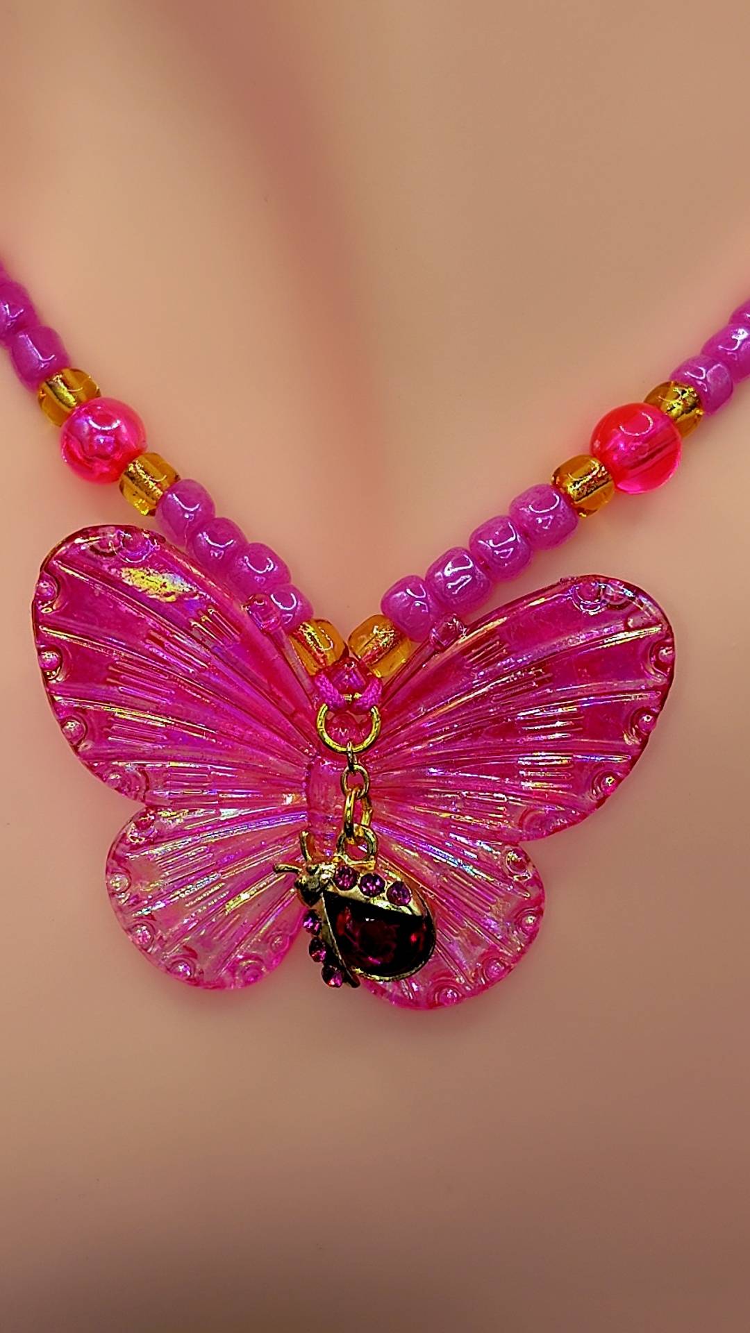 Rosy Flutter Beetle Necklace 🦋💗🐞